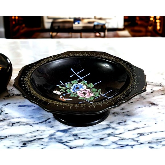 VTG Japanese Pedestal Dish Tashiro Shoten Black Hand Painted Flowers Butterfly - Picture 1 of 10